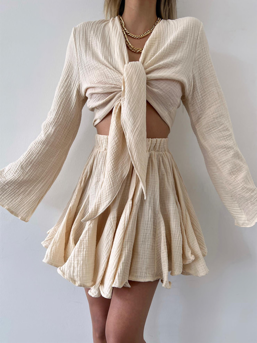 Uzun Kol Bağlamalı Crop Beli Lastikli Volanlı Etek Aryen Kadın Taş Keten Takım 23Y000230