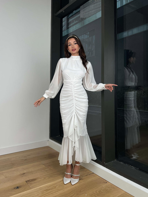 Uzun Kol Önü Büzgü Detaylı Yarım Boğazlı Olenka Kadın Beyaz Elbise 23Y000620