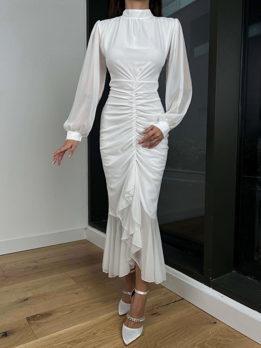 Uzun Kol Önü Büzgü Detaylı Yarım Boğazlı Olenka Kadın Beyaz Elbise 23Y000620