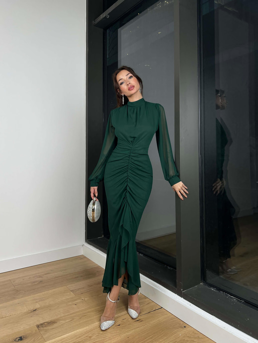 Uzun Kol Önü Büzgü Detaylı Yarım Boğazlı Olenka Kadın Zümrüt Elbise 23Y000620