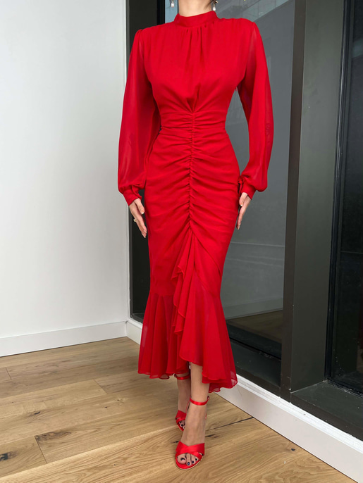 Uzun Kol Önü Büzgü Detaylı Yarım Boğazlı Olenka Kadın Kırmızı Elbise 23Y000620
