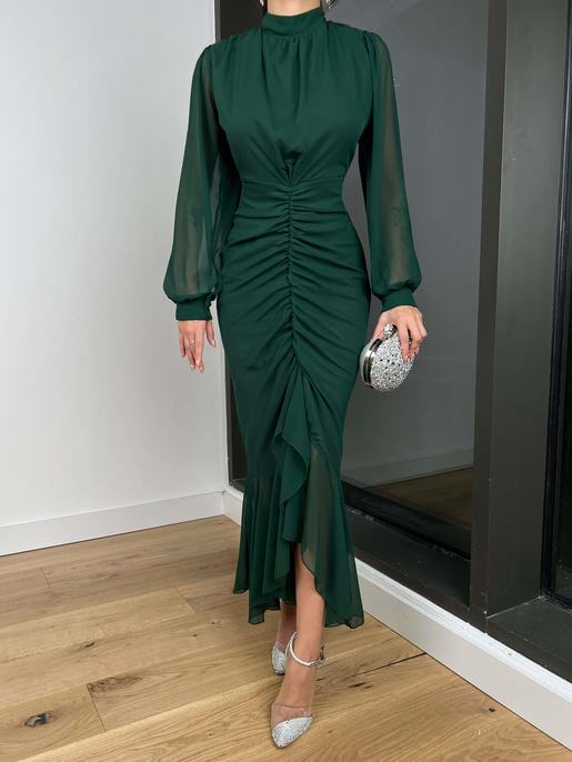 Uzun Kol Önü Büzgü Detaylı Yarım Boğazlı Olenka Kadın Zümrüt Elbise 23Y000620