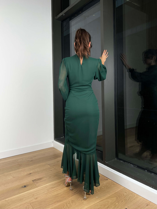 Uzun Kol Önü Büzgü Detaylı Yarım Boğazlı Olenka Kadın Zümrüt Elbise 23Y000620