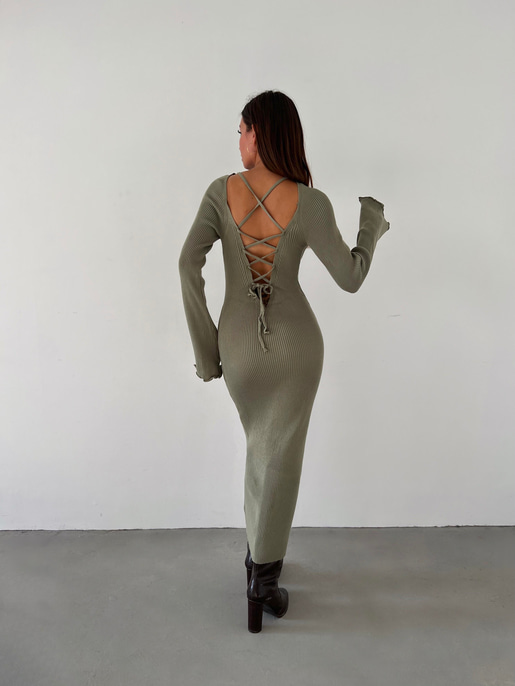 Uzun Kol V yaka Arkası Çapraz Bağlama Detaylı Pavipv Kadın Haki Triko Elbise 23K000462