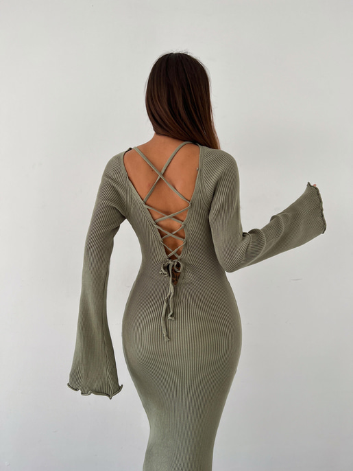 Uzun Kol V yaka Arkası Çapraz Bağlama Detaylı Pavipv Kadın Haki Triko Elbise 23K000462