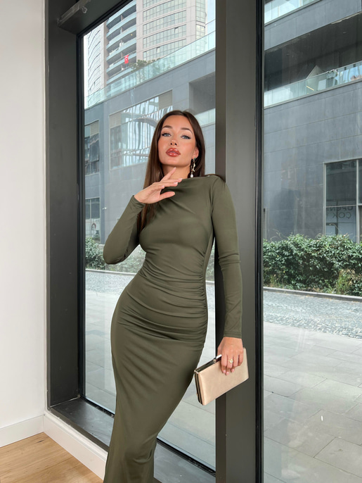 Uzun Kollu Göğüs Ve Bel Kısmı Drape Detaylı Dedha Kadın Haki Elbise 24k000068