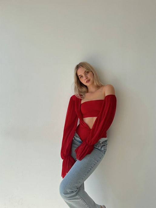 Uzun Şifon Kol Tek Omuz Vatkalı Bel Ve Omuz Dekolteli Vespa Kadın Kırmızı Bodysuit 22Y000446