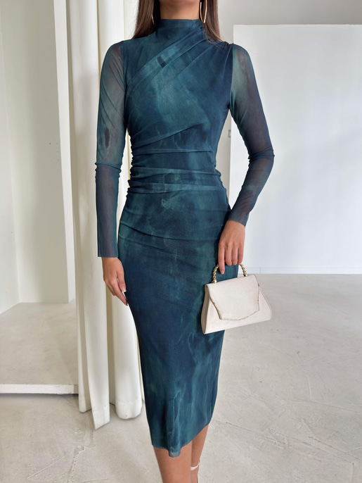 Uzun Tül Kol Drape Detaylı Colin Kadın Petrol Yeşili Midi Elbise 24k369