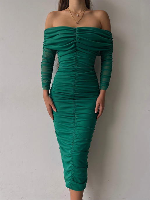 Uzun Tül Kol Düşük Omuz Drapeli Adson Kadın Yeşil Midi Boy Elbise 23K000121