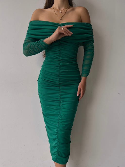 Uzun Tül Kol Düşük Omuz Drapeli Adson Kadın Yeşil Midi Boy Elbise 23K000121
