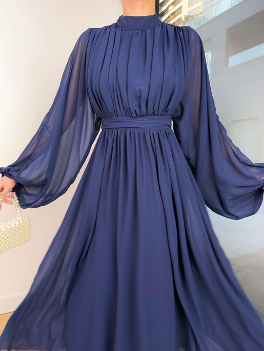 Uzun Tül Kol Zora Kadın Lacivert Elbise 23Y000496