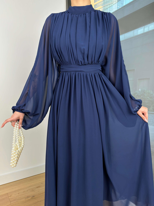 Uzun Tül Kol Zora Kadın Lacivert Elbise 23Y000496