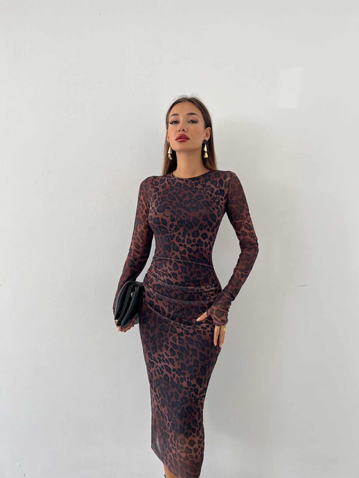 Uzun Tül Kol Zub Desenli Kahve Midi Boy Tül Elbise 24k000005