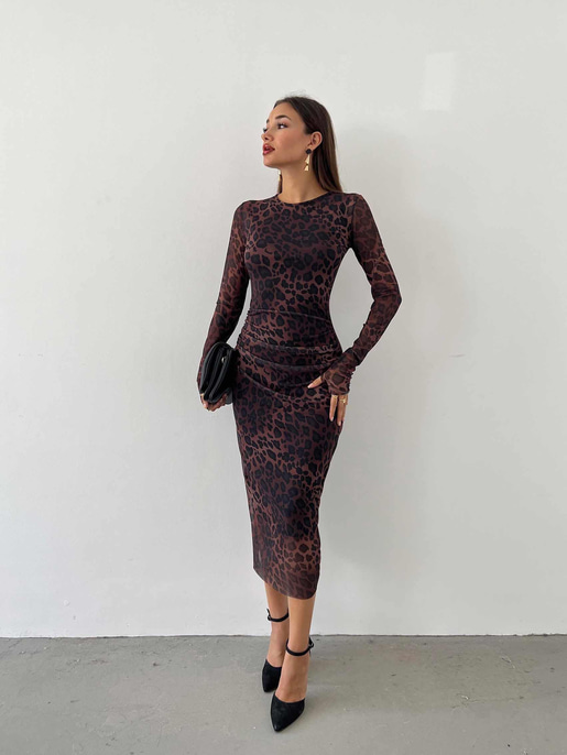 Uzun Tül Kol Zub Desenli Kahve Midi Boy Tül Elbise 24k000005