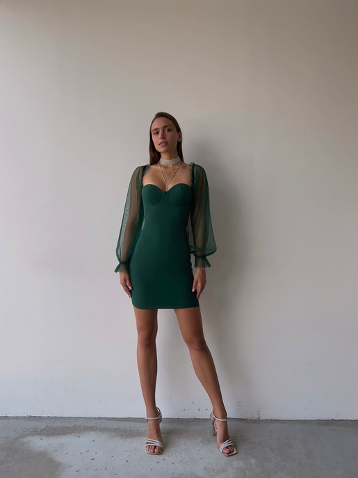 Uzun Tül Lastik Kol Kalp Yaka Göğüs Pedli Ohanna Kadın Yeşil Mini Elbise 23K000041