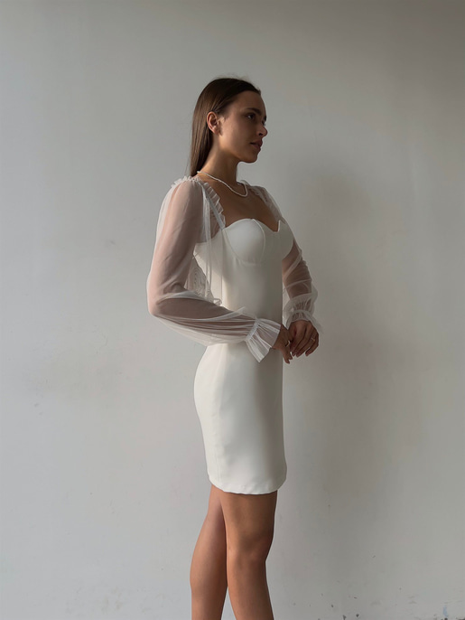 Uzun Tül Lastik Kol Kalp Yaka Göğüs Pedli Ohanna Kadın Beyaz Mini Elbise 23K000041