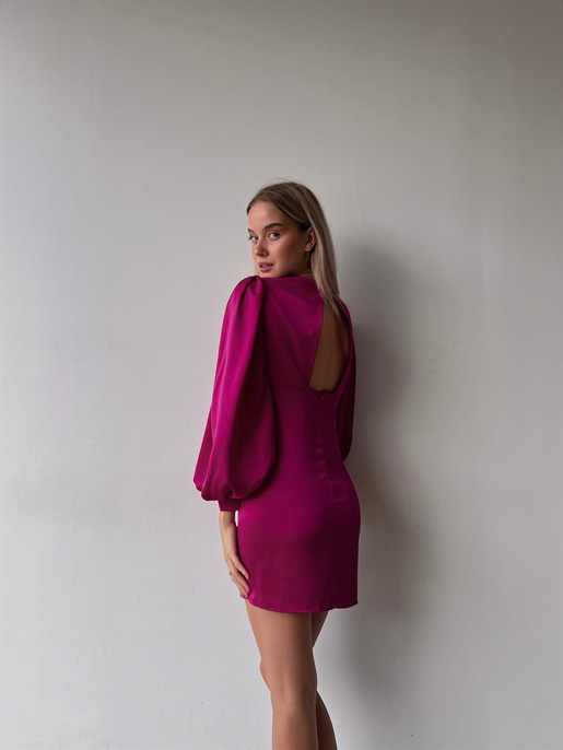 V Yaka Düğme Detay Uzun Kollu Nerolia Kadın Fuşya Elbise 23K000089