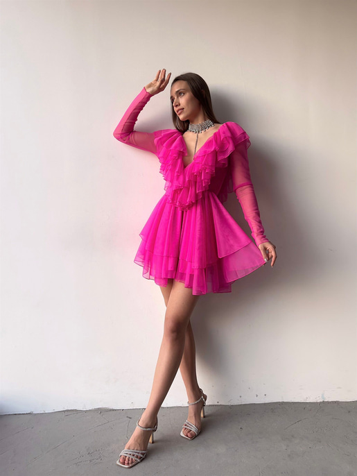 V Yaka Fırfırlı Uzun Tül Kol Elvira Kadın Fuşya Elbise 23K000378