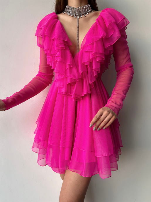 V Yaka Fırfırlı Uzun Tül Kol Elvira Kadın Fuşya Elbise 23K000378