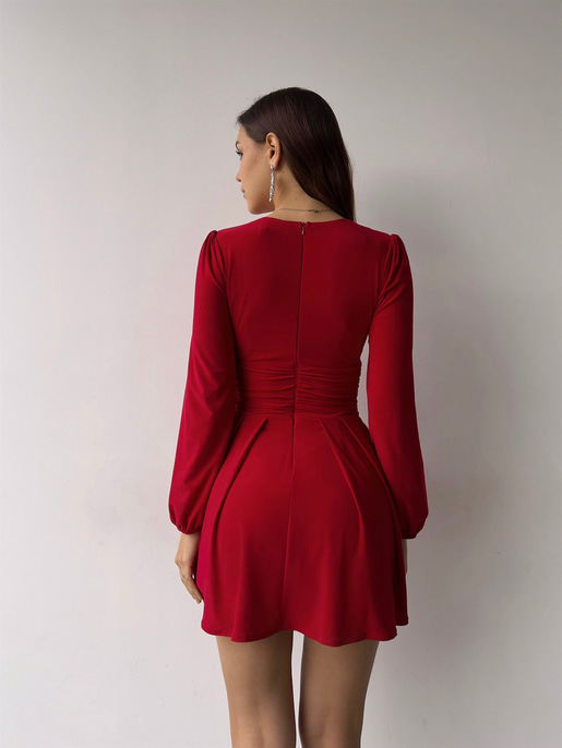 V Yaka Ön Düğme Detaylı Dahlia Kadın Kırmızı Elbise 23K000360