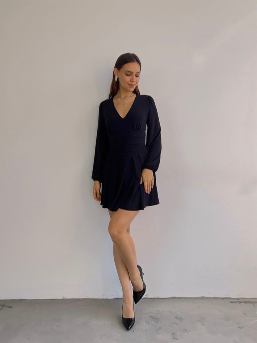 V Yaka Ön Düğme Detaylı Dahlia Kadın Siyah Elbise 23K000360