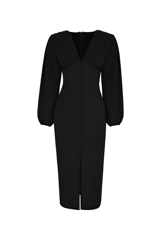 V Yaka Önden Yırtmaçlı Uzun Kol Berry Kadın Siyah Elbise 23K000361