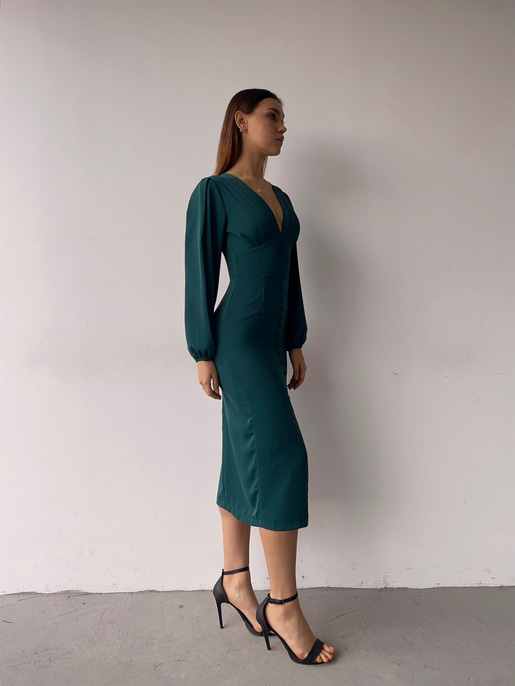 V Yaka Önden Yırtmaçlı Uzun Kol Berry Kadın Zümrüt Elbise 23K000361