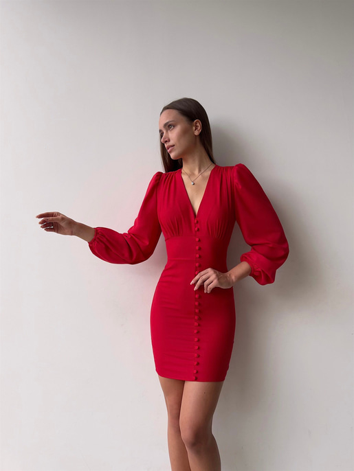 V Yaka Önü Düğme Detaylı Balon Kol Aron Kadın Kırmızı Mini Elbise 23K000169