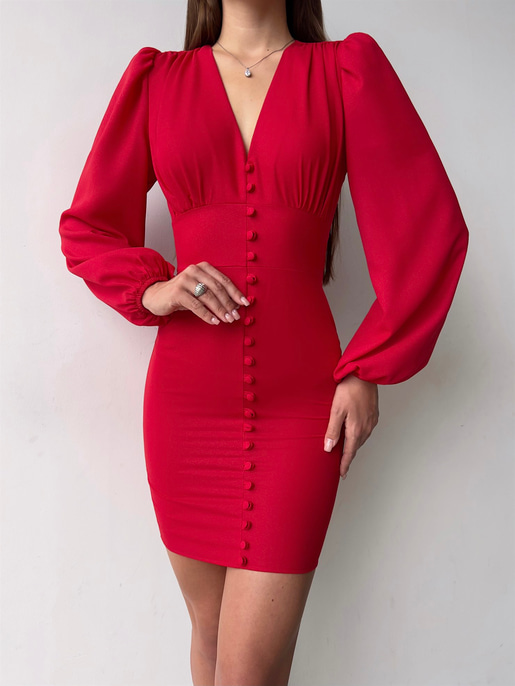 V Yaka Önü Düğme Detaylı Balon Kol Aron Kadın Kırmızı Mini Elbise 23K000169