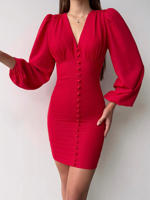 V Yaka Önü Düğme Detaylı Balon Kol Aron Kadın Kırmızı Mini Elbise 23K000169