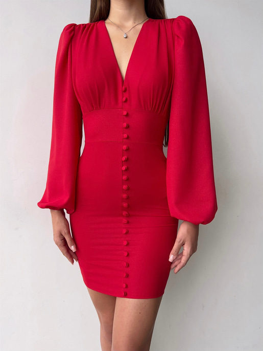 V Yaka Önü Düğme Detaylı Balon Kol Aron Kadın Kırmızı Mini Elbise 23K000169