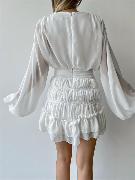 V Yaka Önü Düğmeli Belden Oturtmalı Ellae Kadın Beyaz Mini Elbise 23Y000267