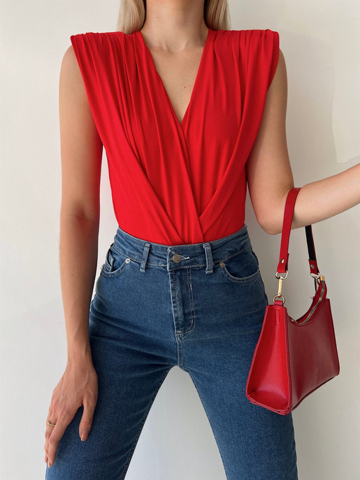 Vatkalı Kolsuz Kruvaze Garrison Kadın Kırmızı Bodysuit 22Y000066