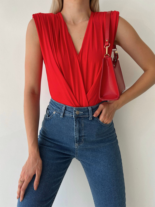 Vatkalı Kolsuz Kruvaze Garrison Kadın Kırmızı Bodysuit 22Y000066