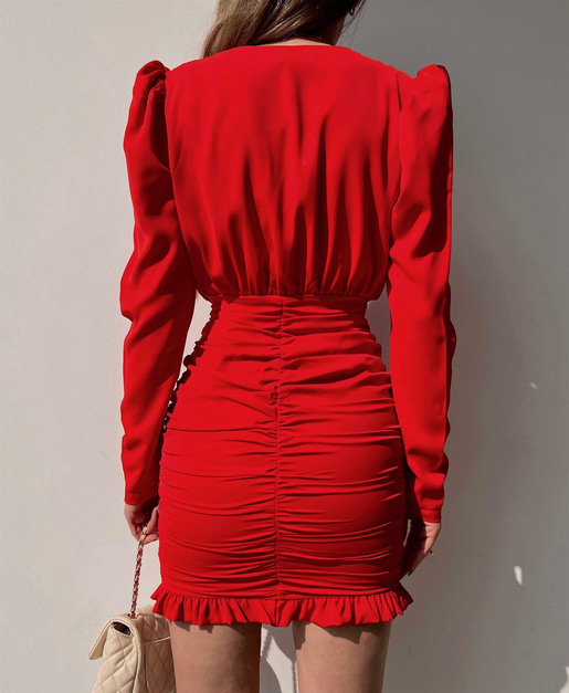 Vatkalı Önden Düğme Detay Drapeli Chelsey Kadın Kırmızı Elbise 22Y000061