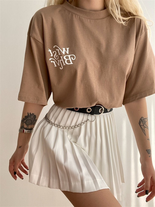 Wrst Bhvr Baskılı Oversize Kadın Kahverengi Tişört 21Y000146