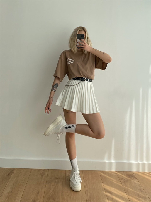 Wrst Bhvr Baskılı Oversize Kadın Kahverengi Tişört 21Y000146