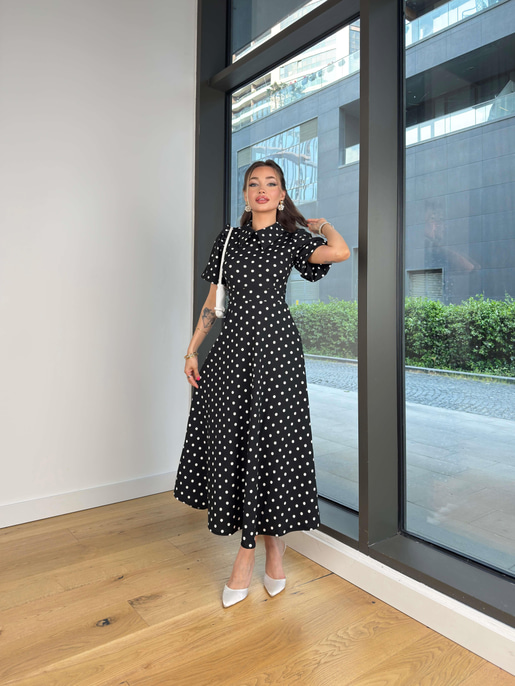 Yakalı Balon Kol Puantiyeli Sıton Siyah Kadın Elbise 25Y111