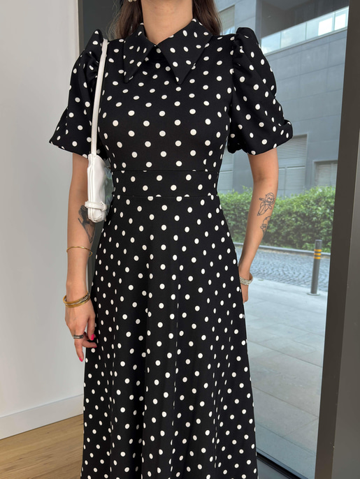 Yakalı Balon Kol Puantiyeli Sıton Siyah Kadın Elbise 25Y111