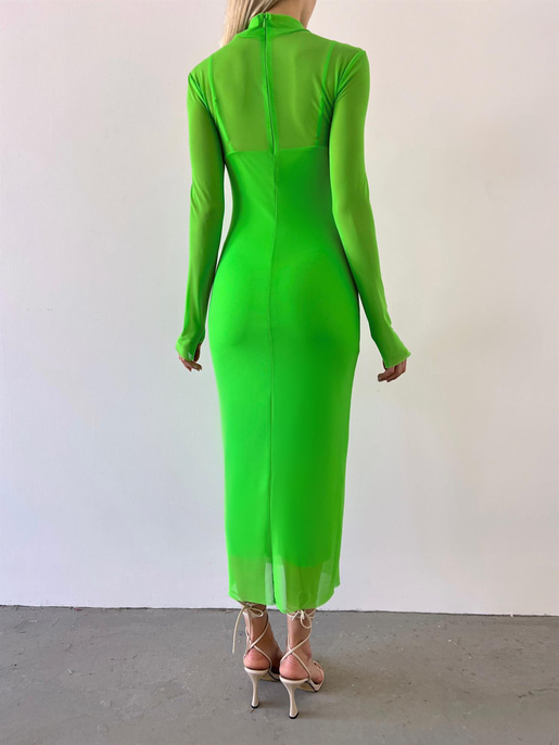 Yarım Balıkçı Yaka Uzun Tül Kol Palvan Kadın Fıstık Yeşili Midi Elbise 23Y000004