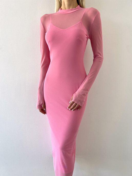 Yarım Balıkçı Yaka Uzun Tül Kol Palvan Kadın Pembe Midi Elbise 23Y000004