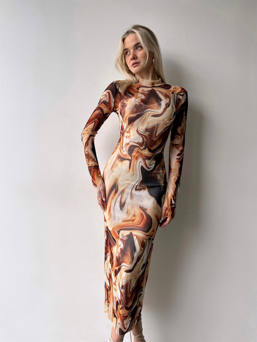 Yarım Balıkçı Yaka Uzun Tül Kol Palvan Kadın Renkli Midi Elbise 23Y000004