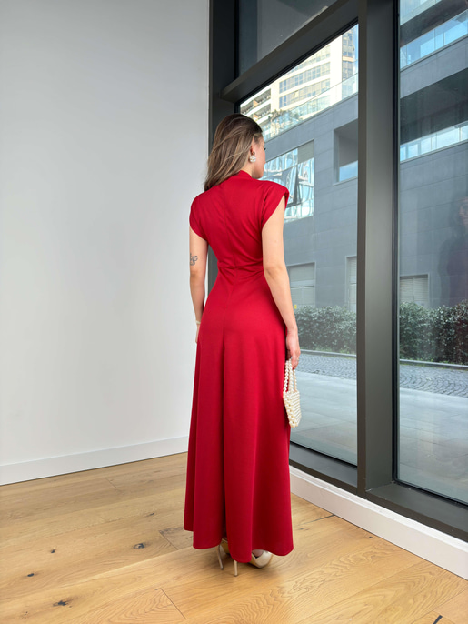 Yarım Boğazlı Belden Oturtmalı Rilaks Bordo Kadın Elbise 25Y100