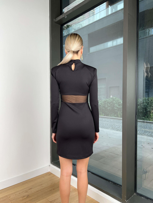 Yarım Boğazlı Transparan Detaylı Raissa Kadın Siyah Mini Elbise 24k322