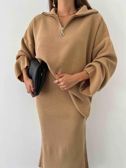 Yarın Fermuarlı Uzun Kol Oversize Kazak Yüksek Bel Etek Olane Kadın Camel Triko Takım 24k000037