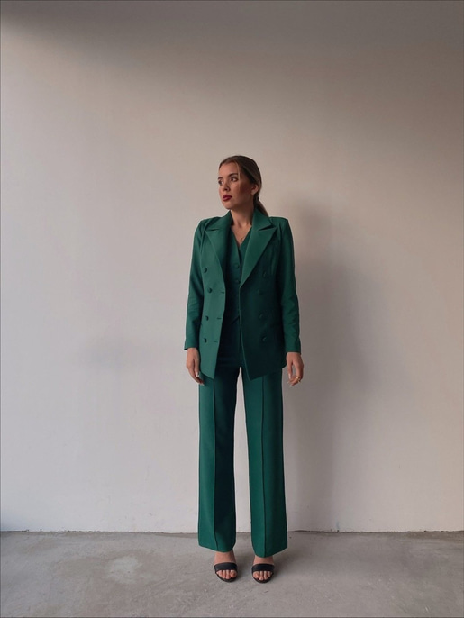 Yelek Ceket Pantolonlu Klasik Celina Kadın Yeşil Üçlü Takım 22K000357