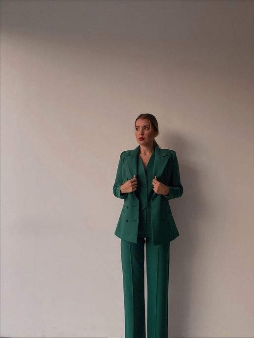 Yelek Ceket Pantolonlu Klasik Celina Kadın Yeşil Üçlü Takım 22K000357