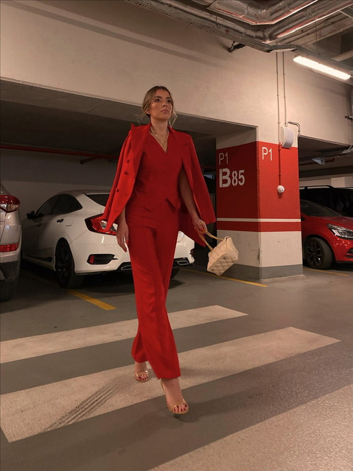 Yelek Ceket Pantolonlu Klasik Celina Kadın Kırmızı Üçlü Takım 22K000357