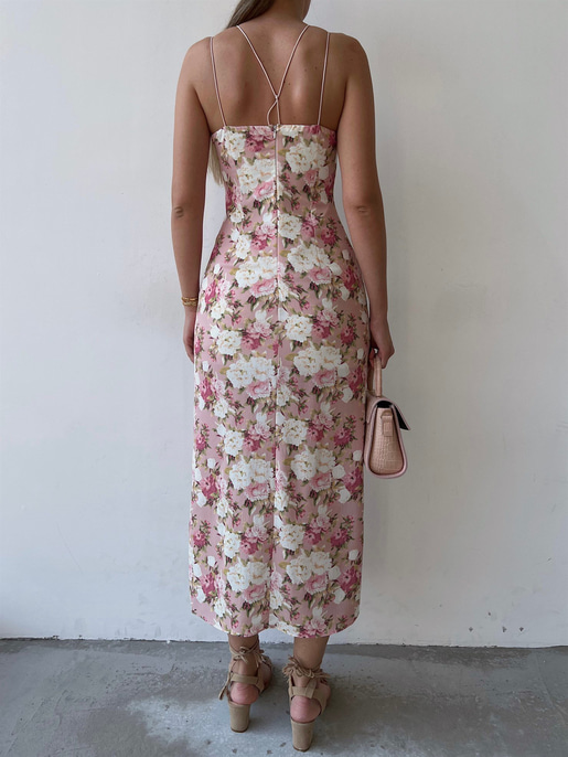 Yırtmaçlı İnce Lastik Askılı Çiçekli Nidus Kadın Pudra Elbise 22Y000329