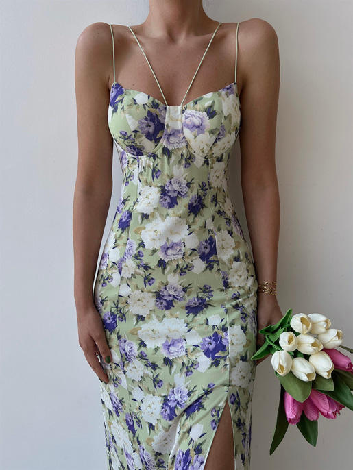 Yırtmaçlı İnce Lastik Askılı Çiçekli Nidus Kadın Yeşil Elbise 22Y000329